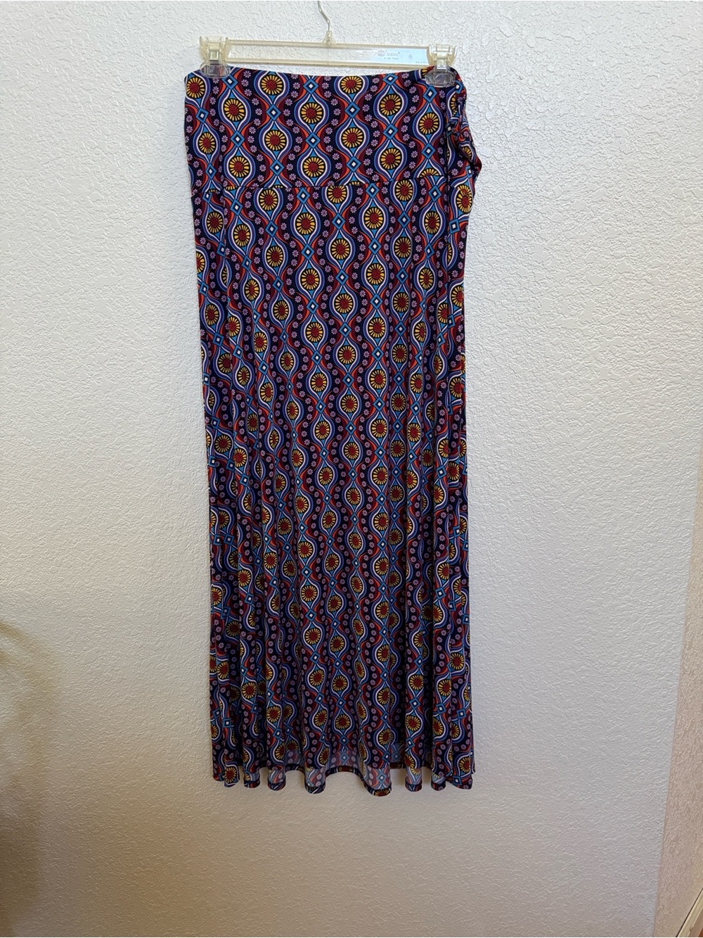 LuLaRoe Maxi Skirt in Navy with Red, Yellow & Teal Geometric Print